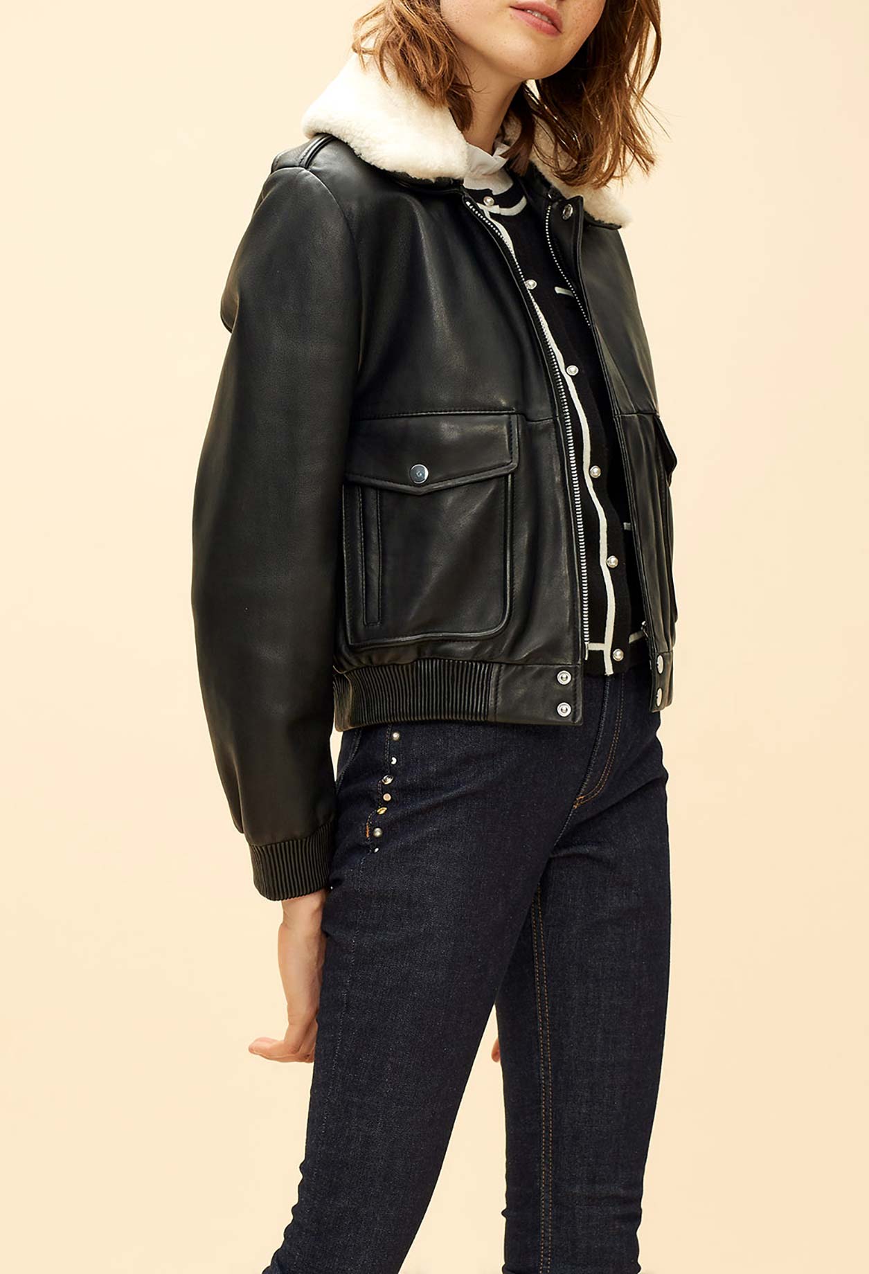 Blouson en cuir aviateur col mouton Faume - seconde main