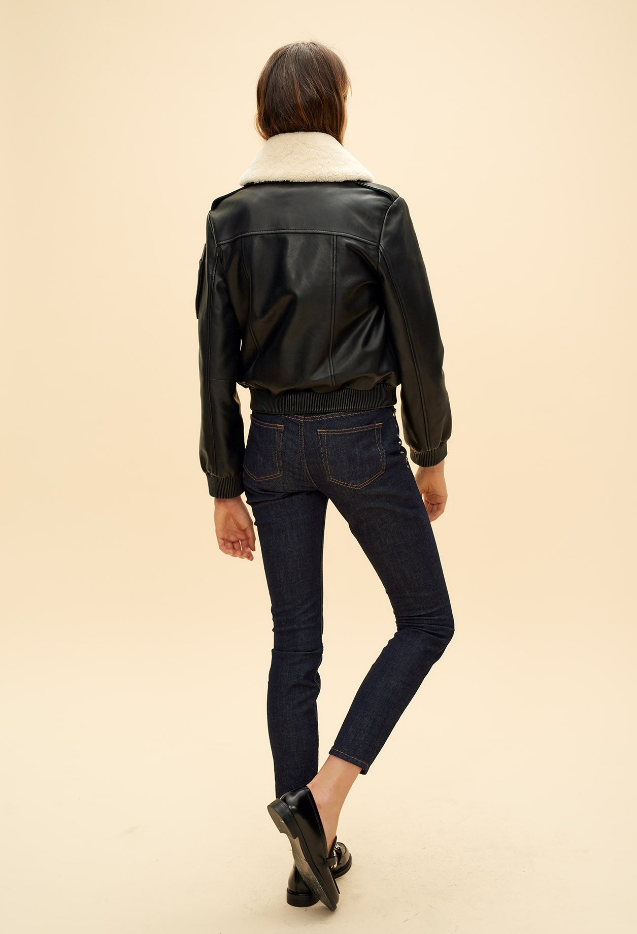 Blouson en cuir aviateur col mouton Faume - seconde main