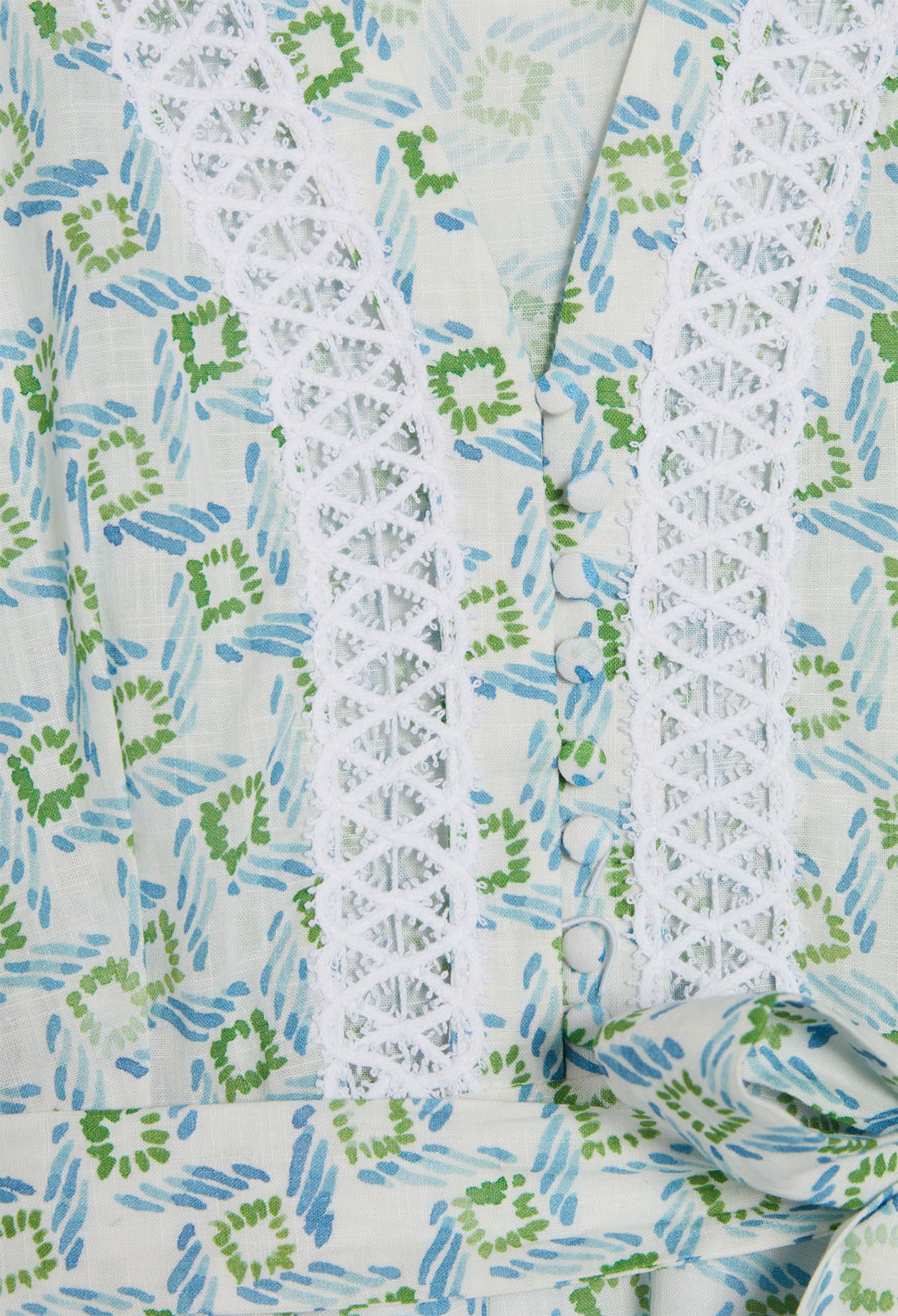 Robe imprimée bleue à galons de dentelle Faume - seconde main