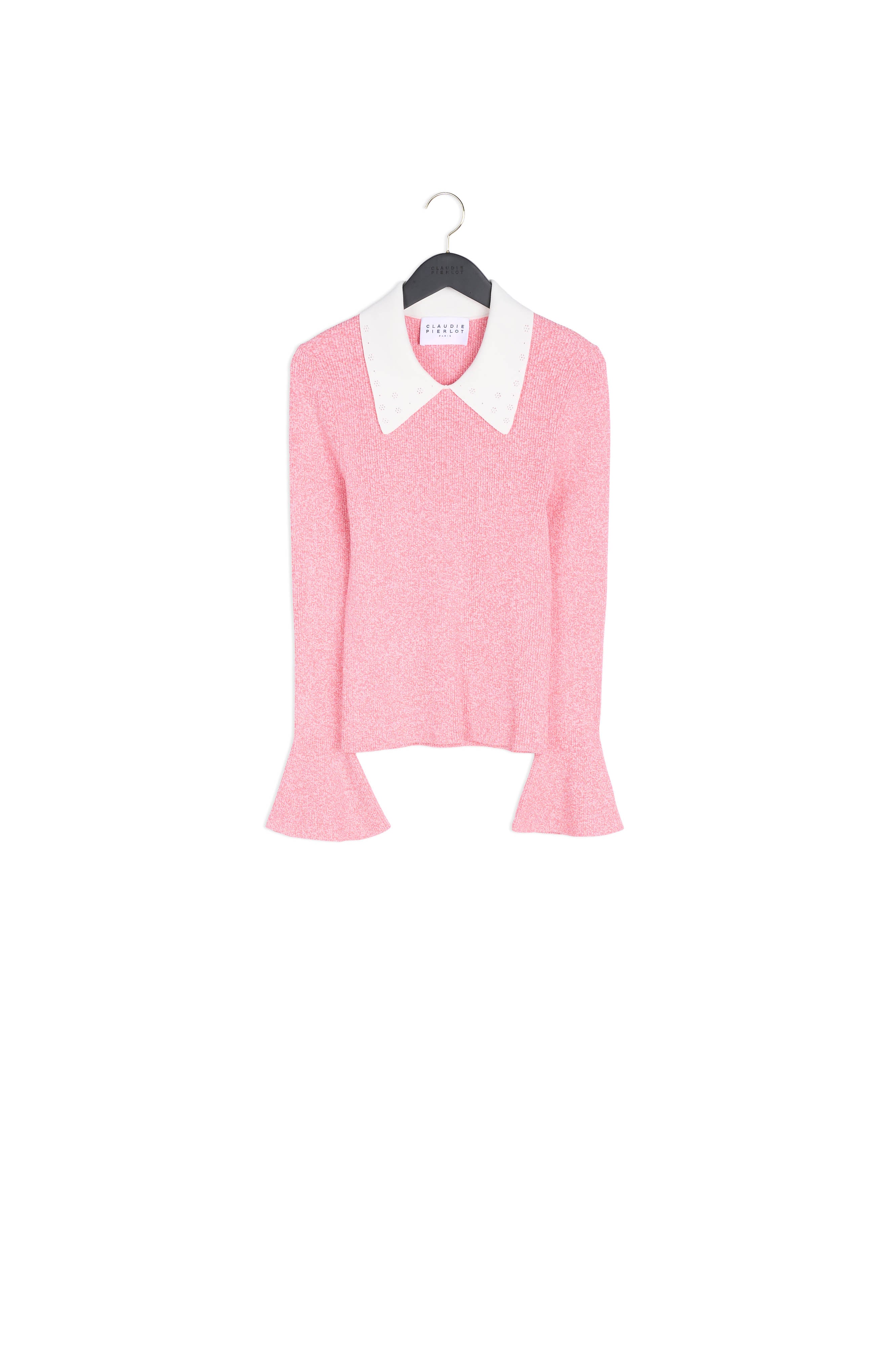 Pull chiné rose col blanc Faume - seconde main