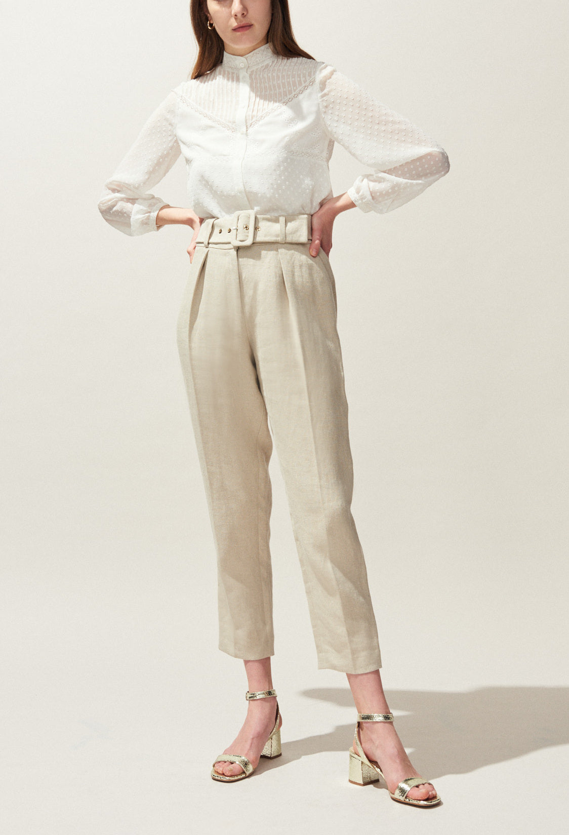 Pantalon taille haute ceinturé en lin Faume - seconde main