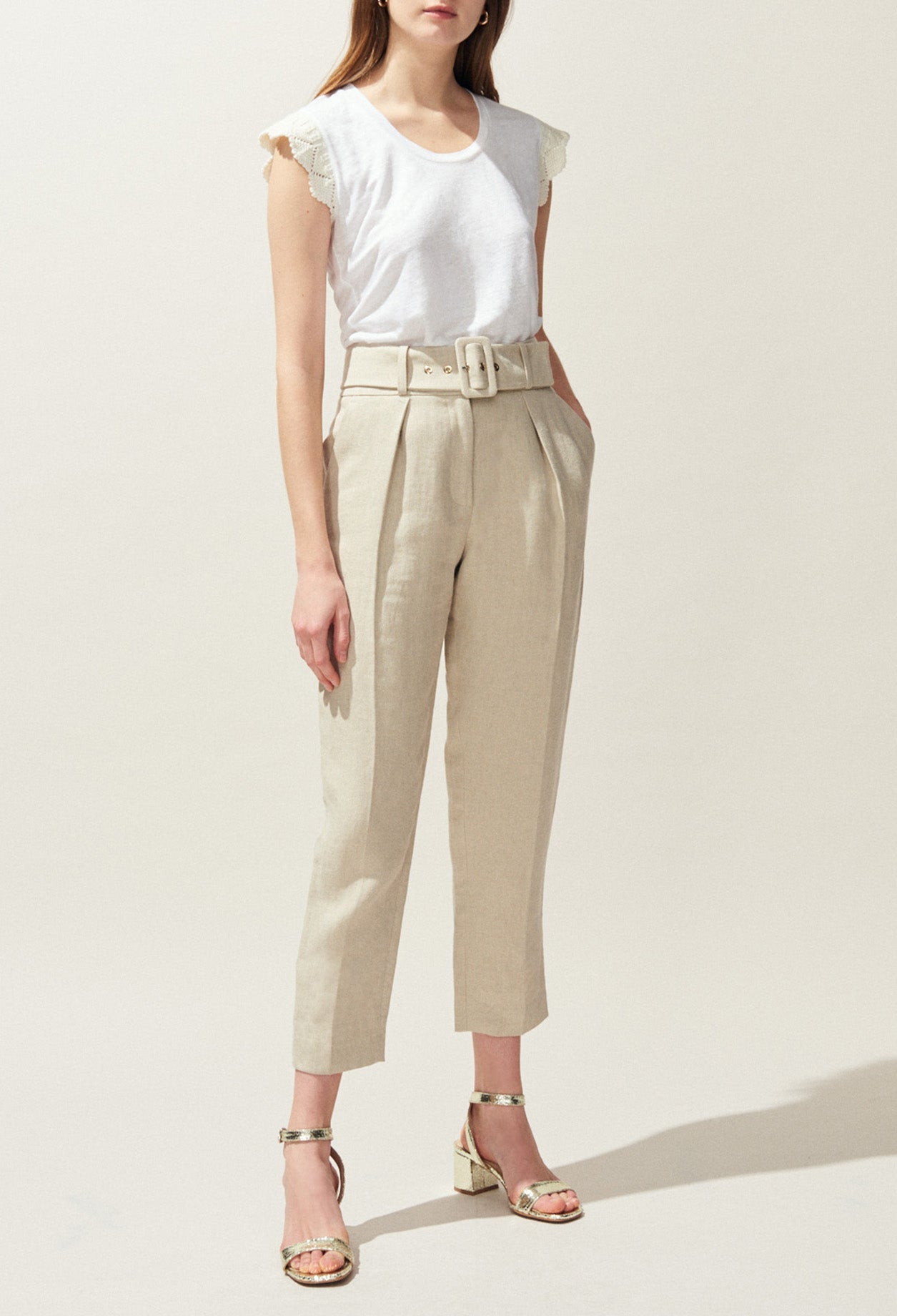 Pantalon taille haute ceinturé en lin Faume - seconde main