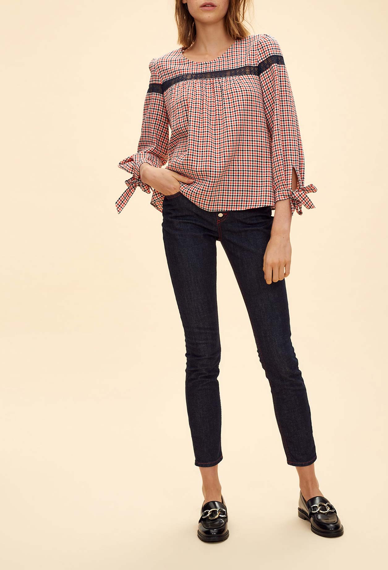 Top imprimé carreaux incrusté dentelle Faume - seconde main