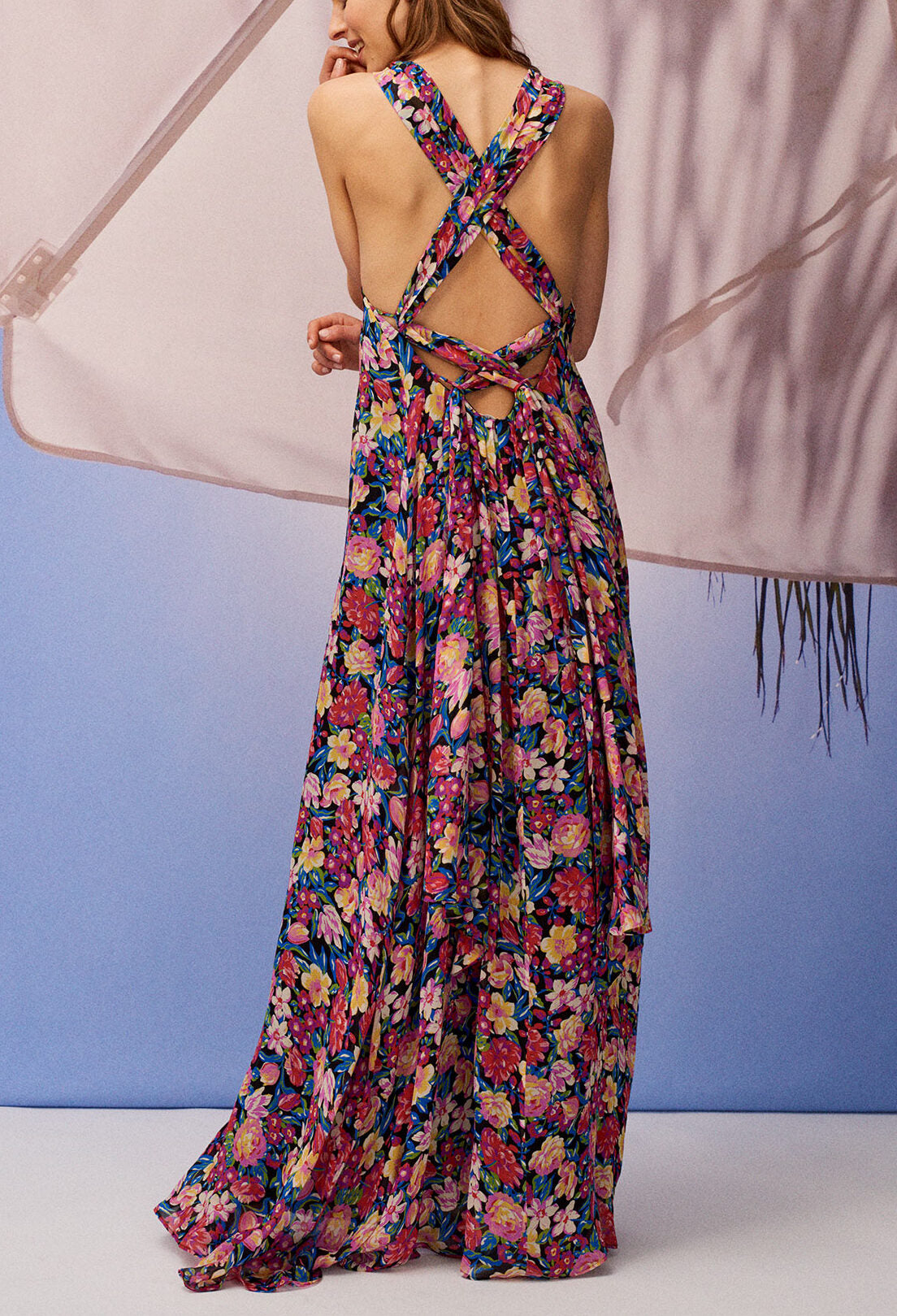 Robe longue dos nu imprimée fleurs Faume - seconde main