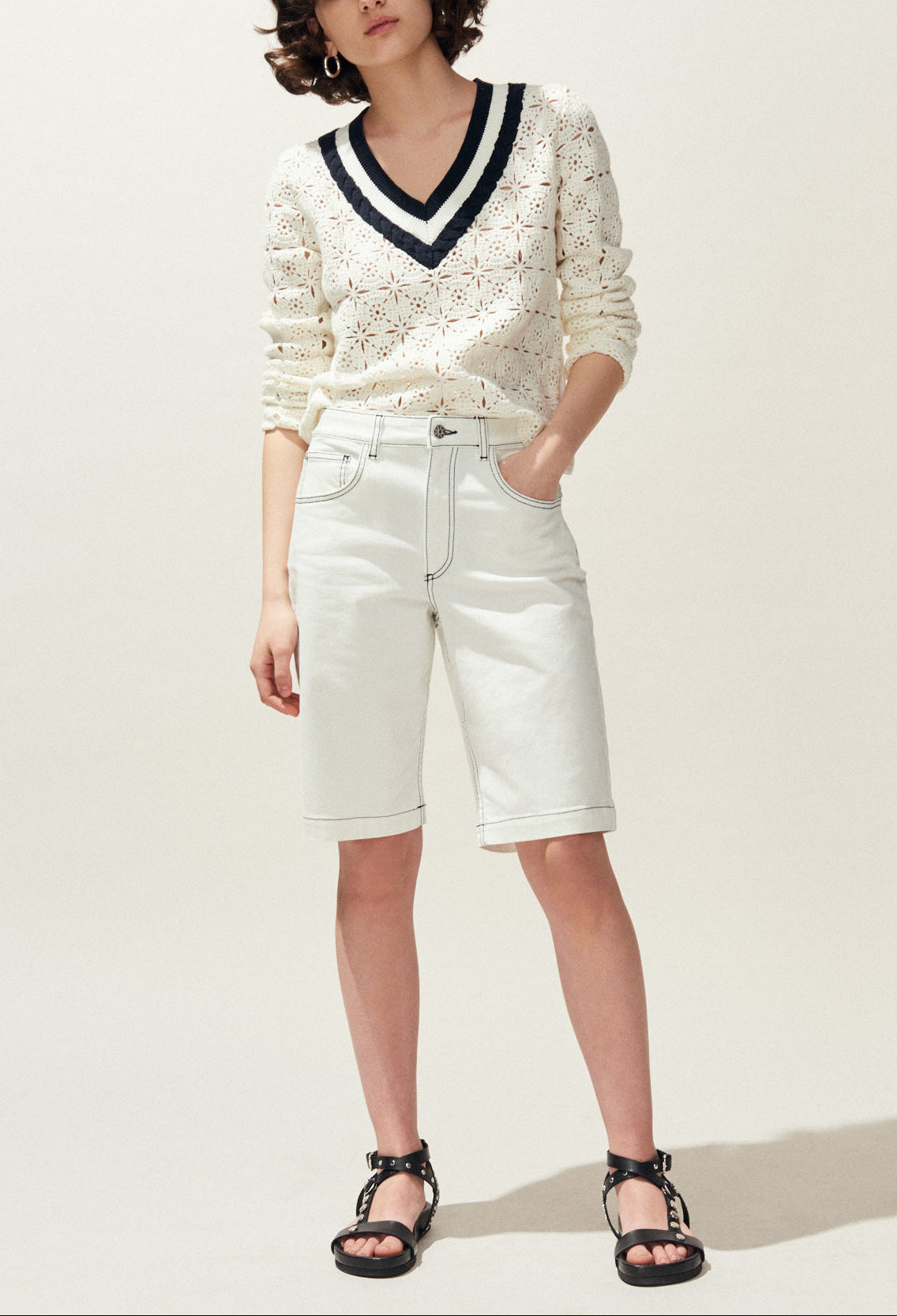 Pull col V en maille ajourée Faume - seconde main