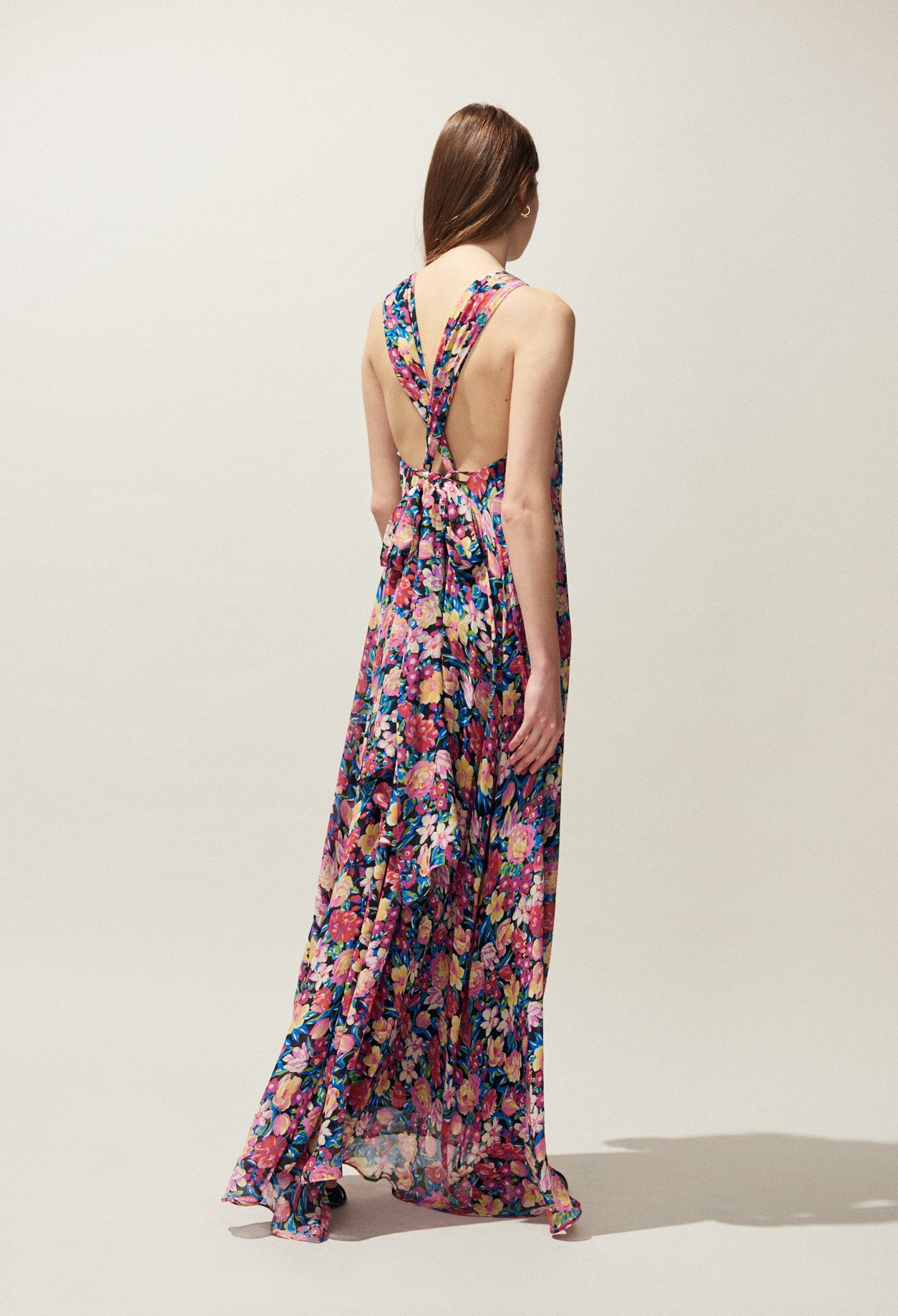 Robe longue dos nu imprimée fleurs Faume - seconde main