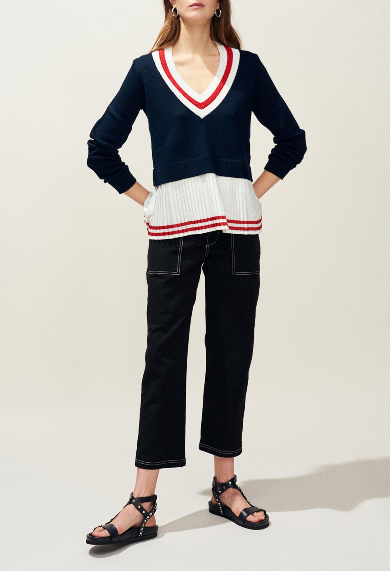 Pull col V plissé à bandes contrastées Faume - seconde main