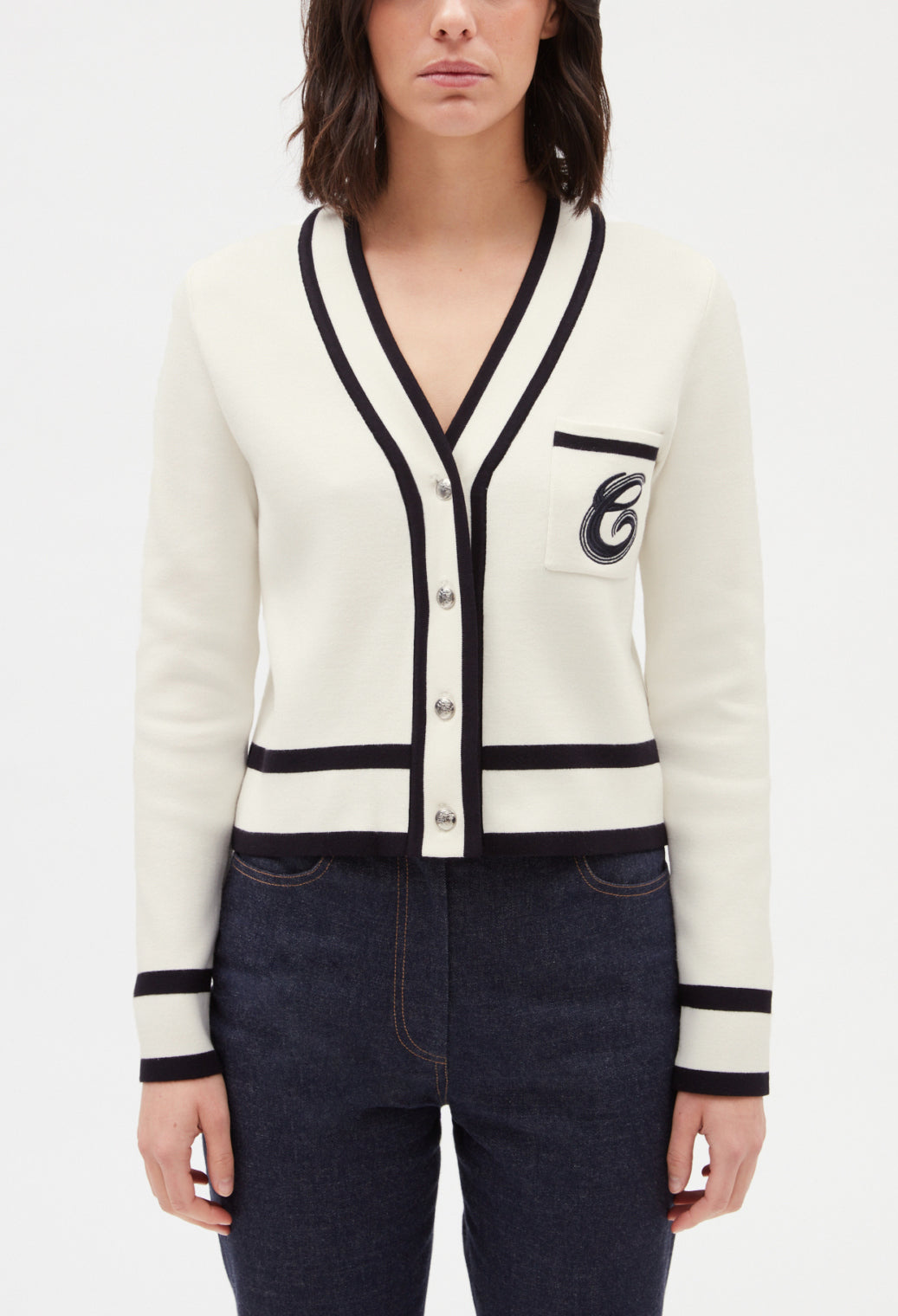 Cardigan bicolore poche brodée Faume - seconde main