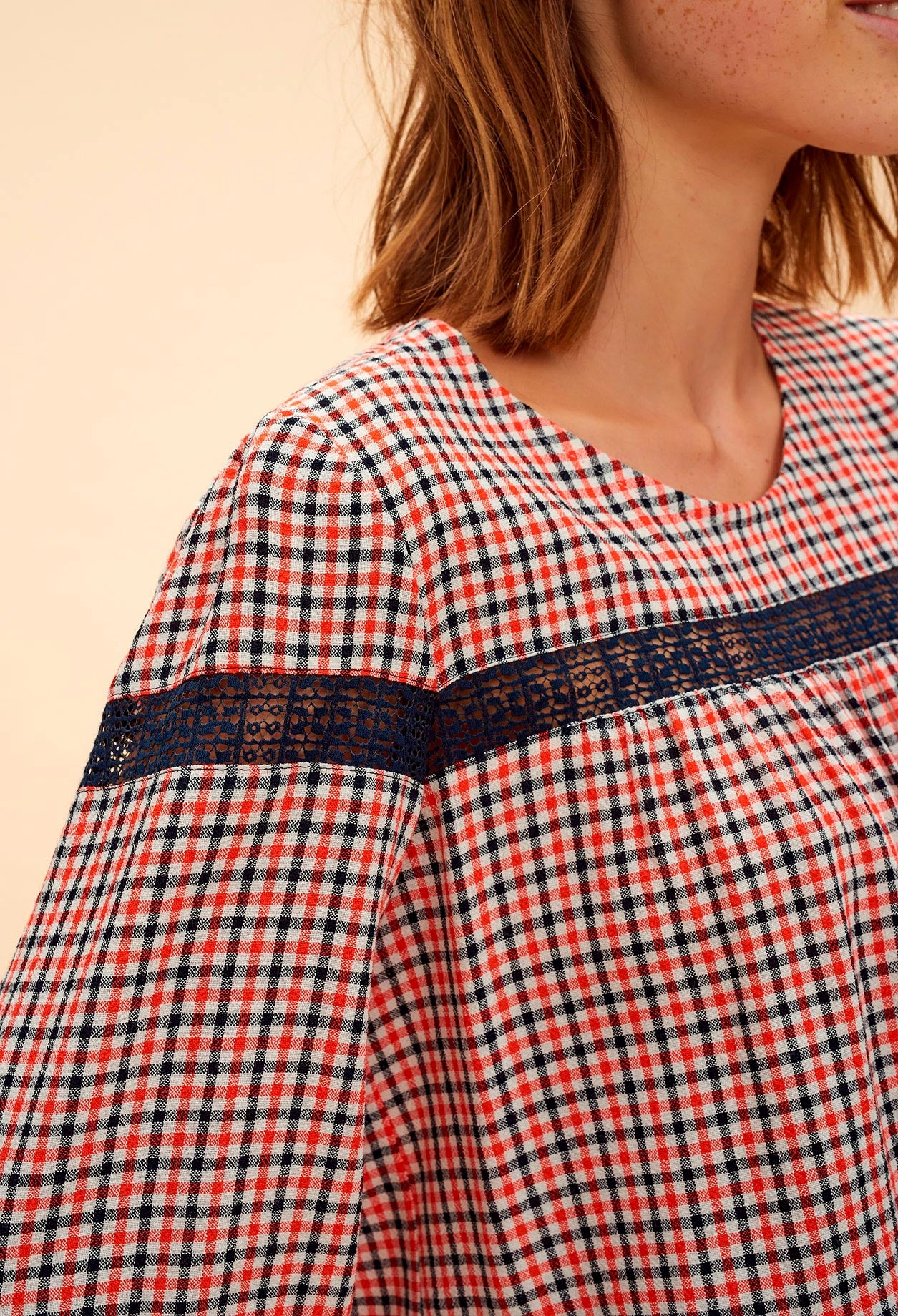 Top imprimé carreaux incrusté dentelle Faume - seconde main