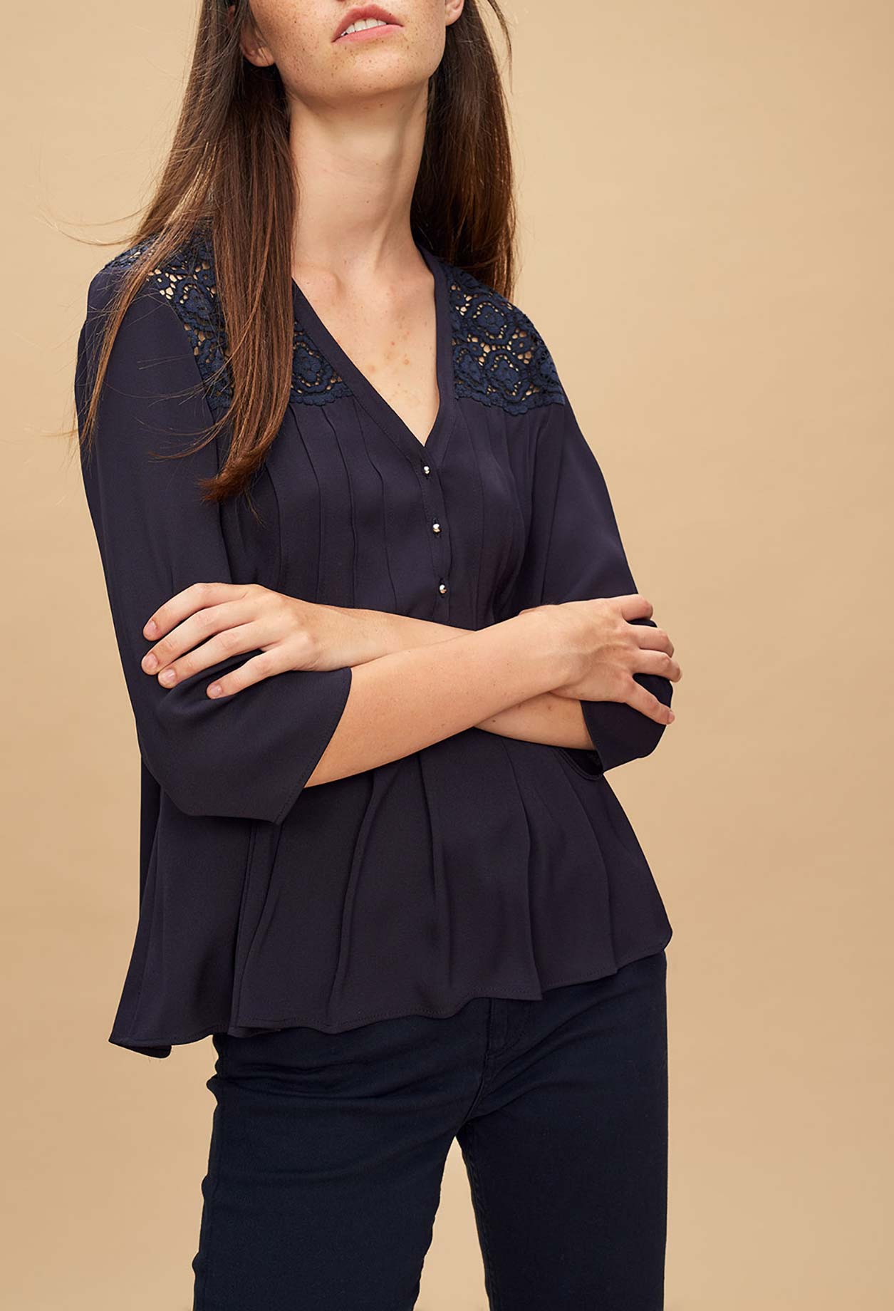 Top plissé incrustation dentelle Faume - seconde main