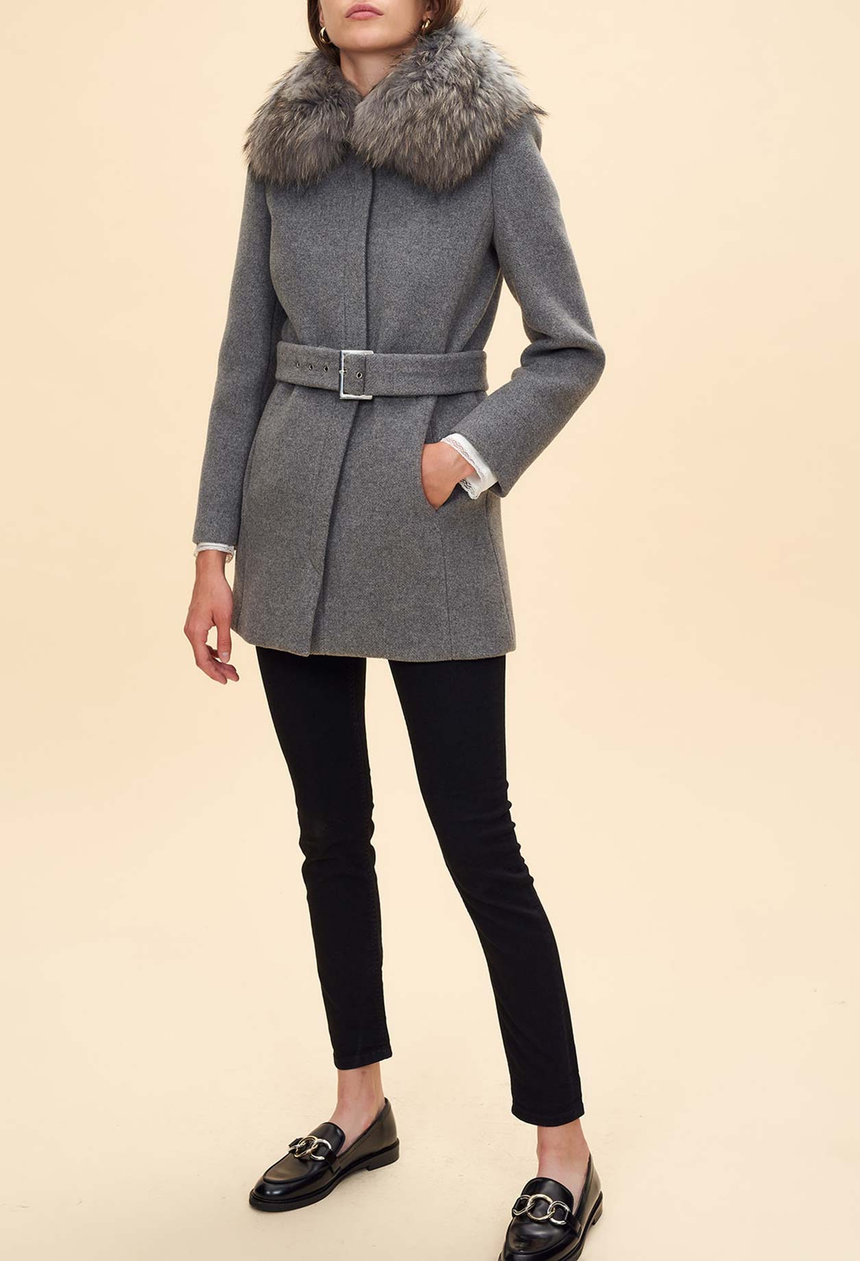 Manteau cintré col fourrure Faume - seconde main