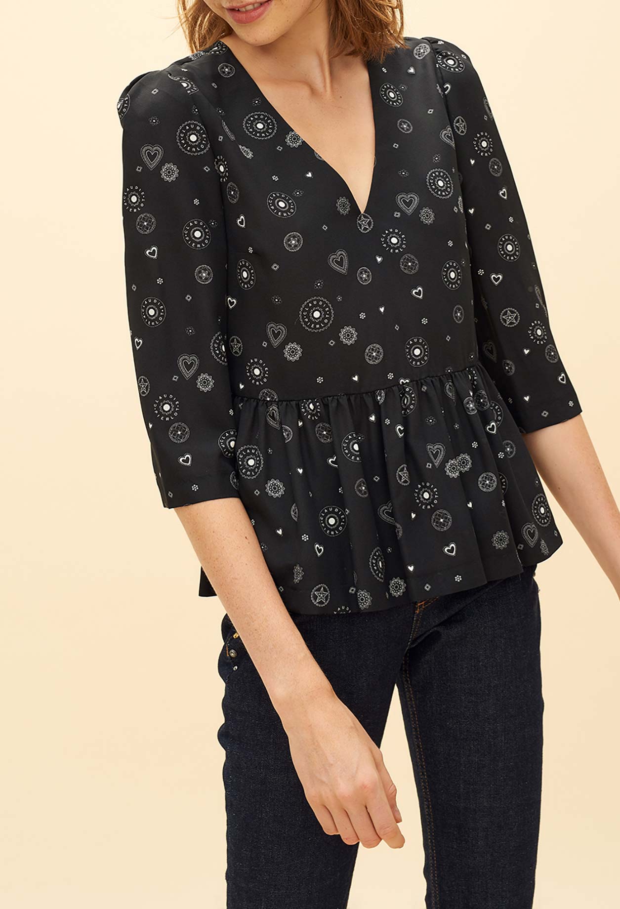 Top en soie imprimé col V Faume - seconde main